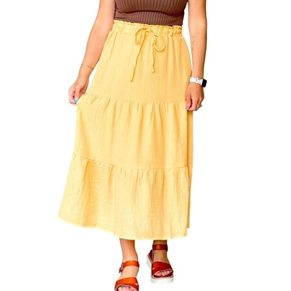 Boho Tiered Midi Skirt w/ Pockets & Elastic Waist |  Yellow | Very J | NWT L - Picture 3 of 12